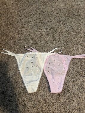 Victoria's Secret White and Light Pink Eyelet Lace Thong Set
